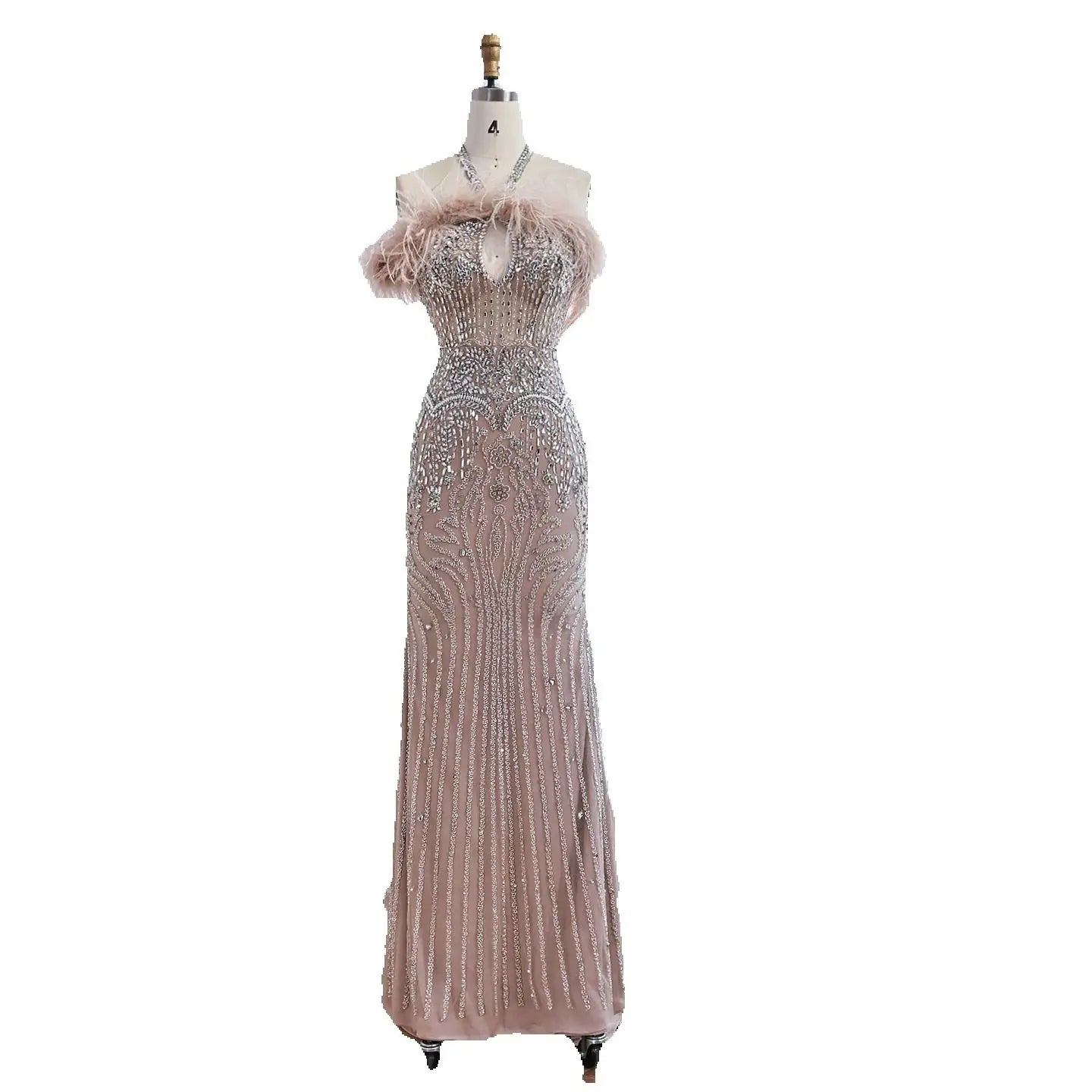 Luxury Nude Halter Feather Crystal Evening Dress LA73349