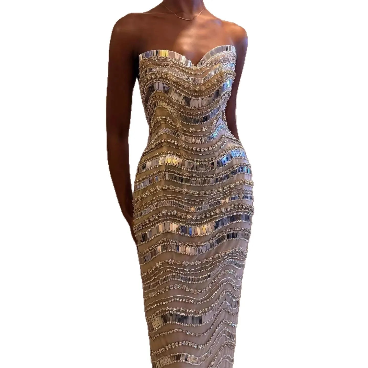 Luxury Silver Nude Beaded Mermaid Evening Dress LA73449