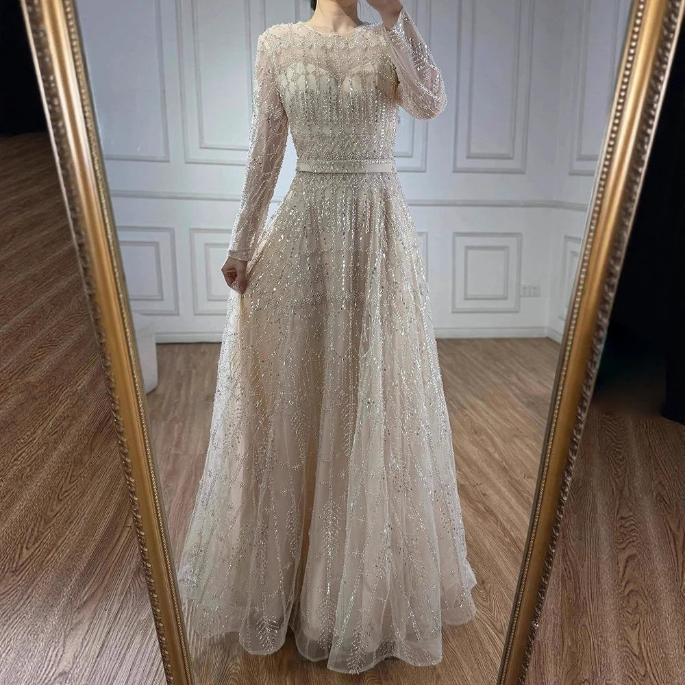 Luxury Nude A-Line Pearls Beaded Evening Dress LA73174