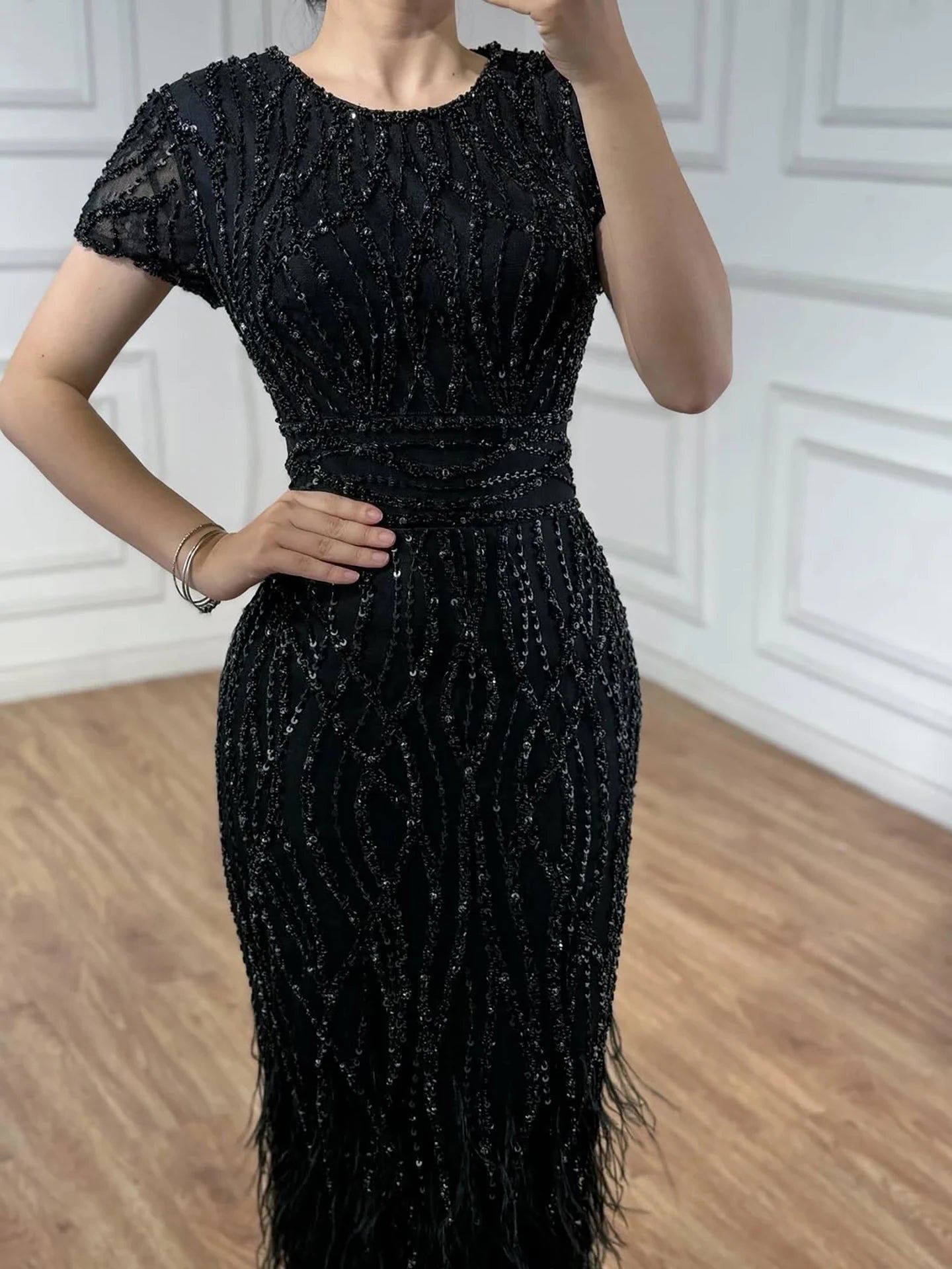 White Nude Ankle Length Beaded Evening Dress with Feathers LA72076A