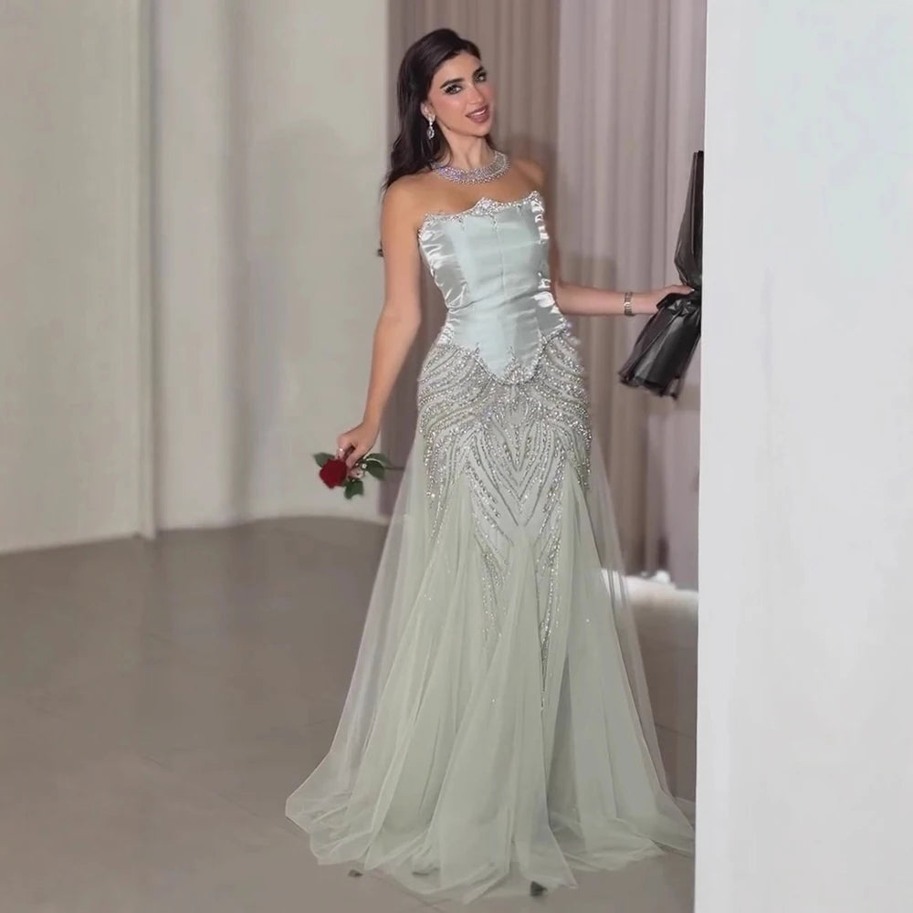 Luxury Sage Green Beaded Mermaid Evening Dress with Balloon Sleeves LA73201