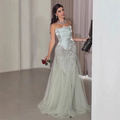 Luxury Sage Green Beaded Mermaid Evening Dress with Balloon Sleeves LA73201