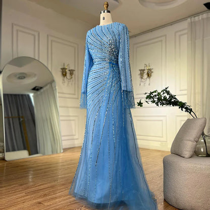 Luxury Dubai   Arabic Elegant Blue Beaded Saudi Evening Dresses Gowns for Formal Occasion LA72822