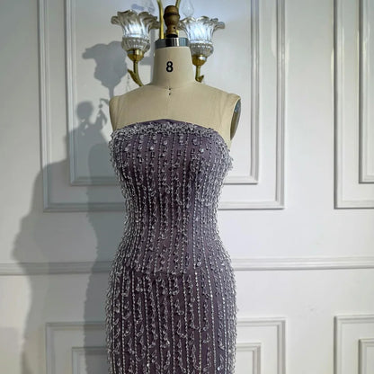 Elegant Crystal Beaded Strapless Lilac Mermaid Evening Gown LA72950
