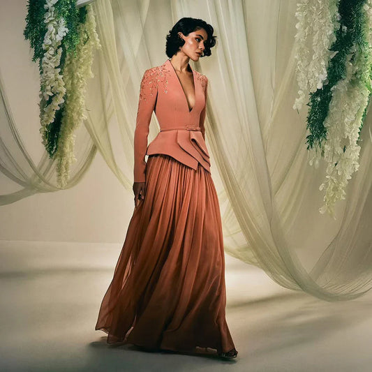 Brown Luxury Beaded Evening Gown with Blazer Top and Pleated Skirt LA72918