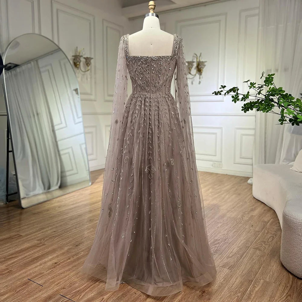 Caramel Beaded A-Line Evening Dress with Cape Sleeves LA71803A