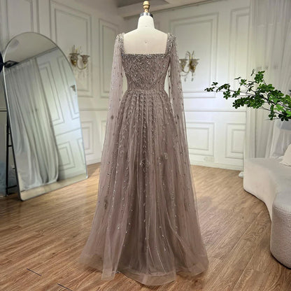 Caramel Beaded A-Line Evening Dress with Cape Sleeves LA71803A