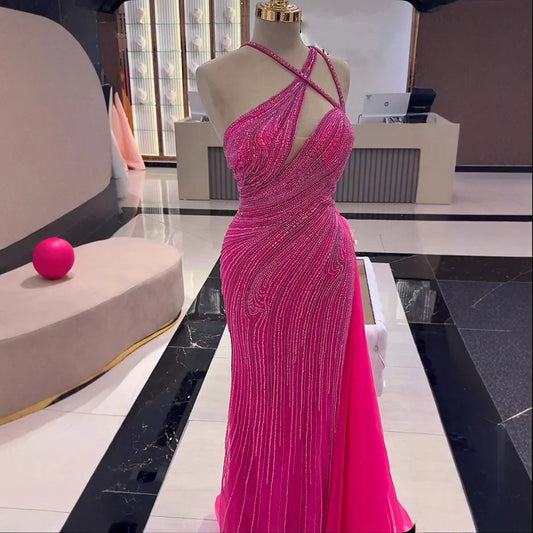 Fuchsia One Shoulder Beaded Mermaid Evening Dress with Overskirt LA73105