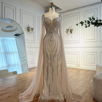 Luxury Designer Beige Beaded Evening Dress with Cape Sleeves LA72992