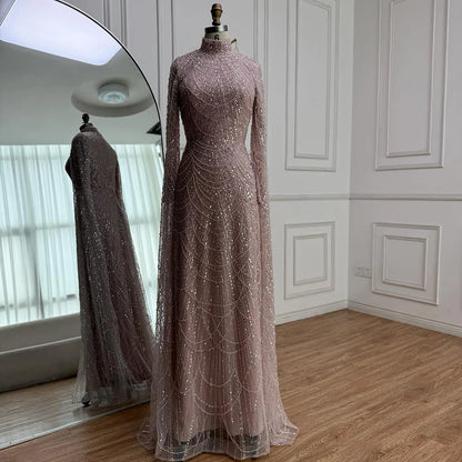 Luxury Dubai  Muslim Sage Green Pearls  Evening  Dress With Cape Plus Size LA72591