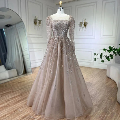 Luxury Dusty Pink Long Sleeves A-Line Evening Dress LA71915