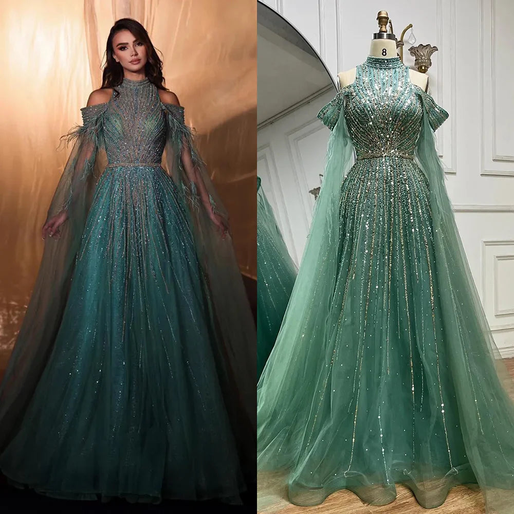 Serene Hill 2025 Arabic Turquoise Cape Sleeves A-Line Beaded Feathers Long Evening Gowns for Women Wedding Party LA72644