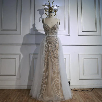 Nude Beaded Arabic Evening Gown with Spaghetti Straps LA72253A