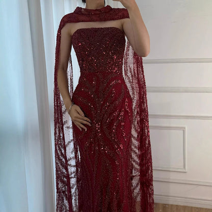 Luxury Nude Beaded Evening Dress with Cape Sleeves LA72824