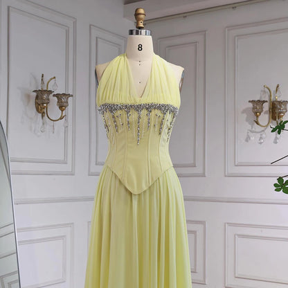 Luxury Designer Sage Green Chiffon Halter Beaded   Evening Dress LA73074