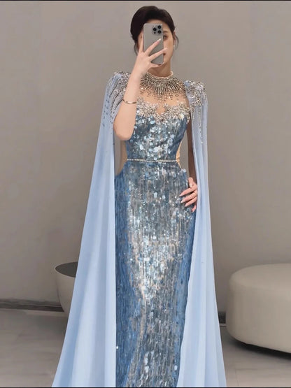 Luxury Dubai Blue Mermaid Evening Dress with Cape LA73419