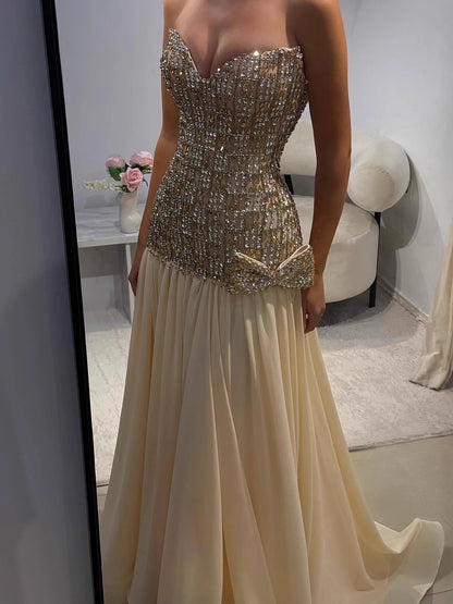 Luxury Champagne A-Line Crystal Beaded Evening Dress LA73361