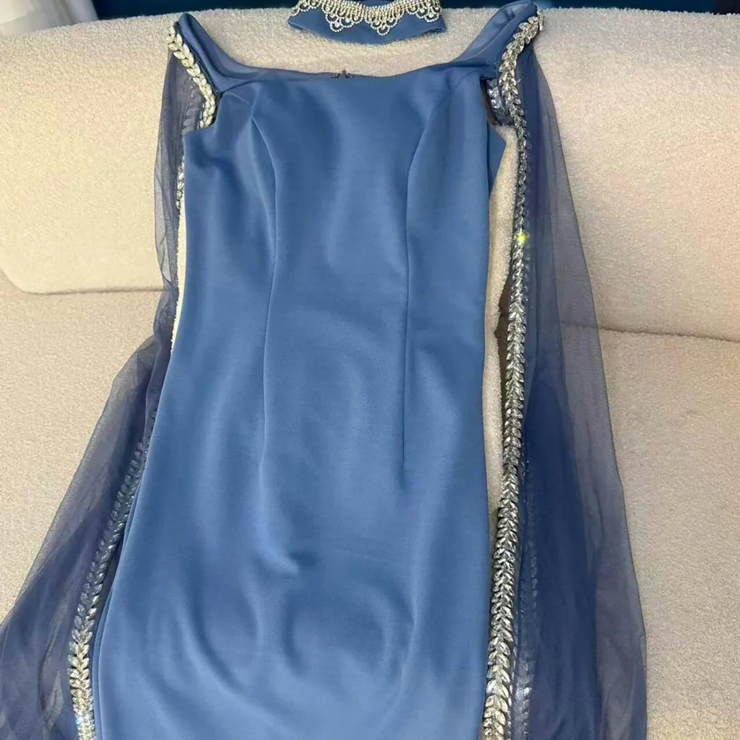 Luxury Blue Mermaid Beaded Evening Dress with Cape Sleeves LA72086