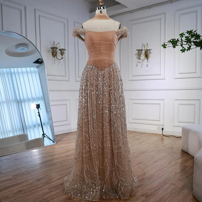 Luxury Arabic Pink Pearls Beaded Evening Dress With Cape LA72922