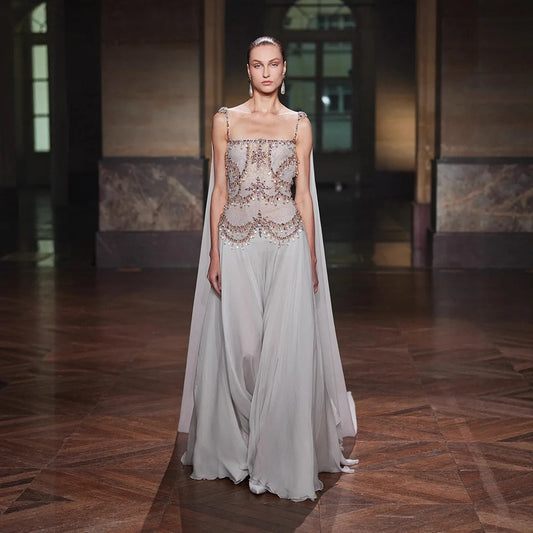 Luxury White Chiffon Cape Evening Dress with Beaded Bodice LA73123