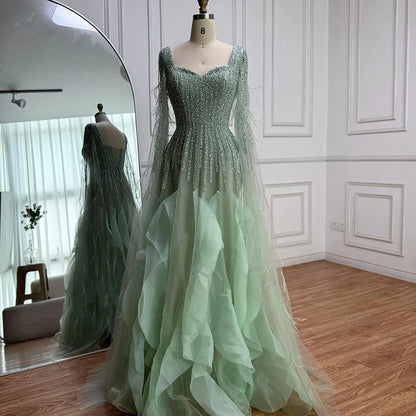Luxury Sage Green  A lina Evening Dress  With Cape LA72984