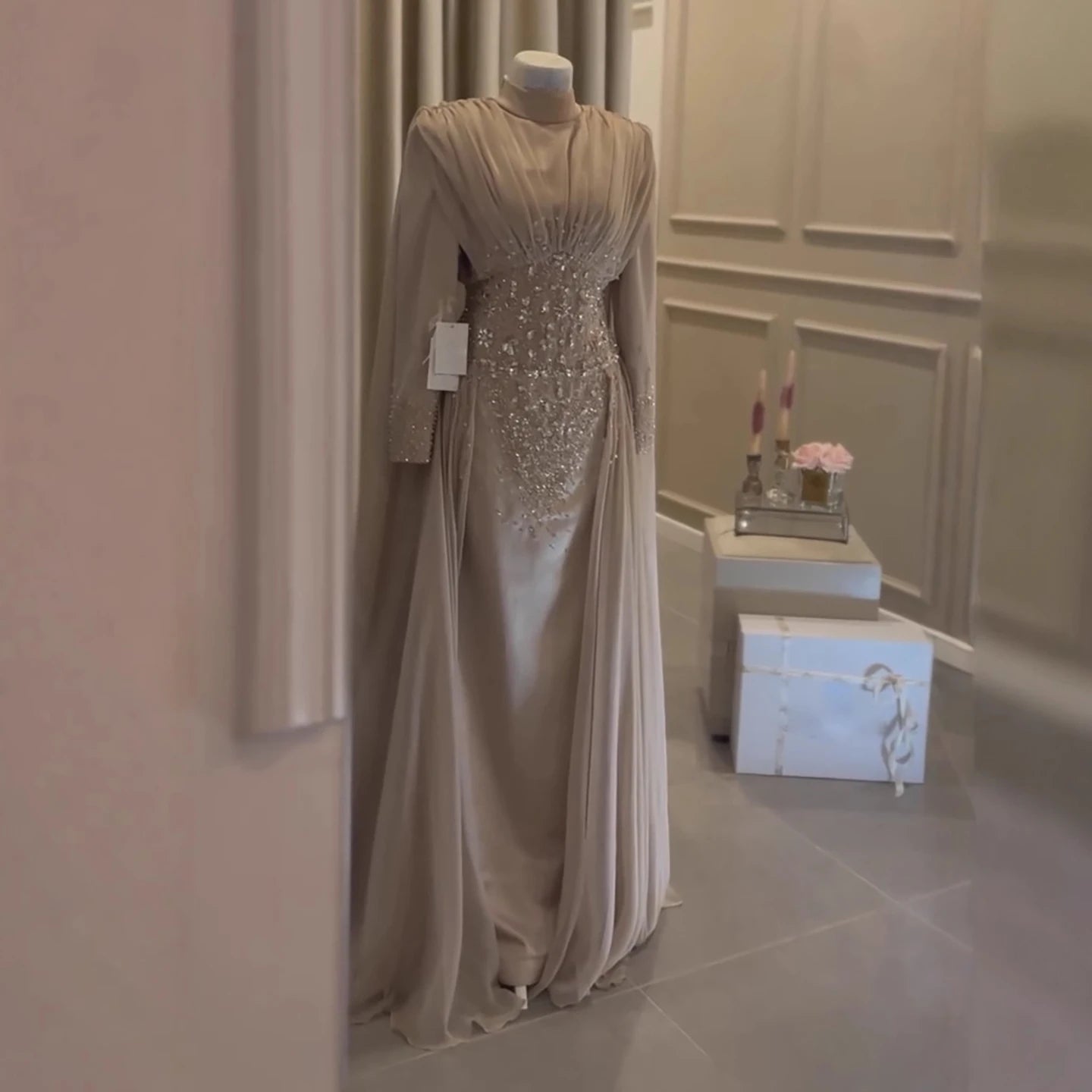 Luxury Caramel Crystal Beaded Mermaid Muslim Evening Dress LA73427