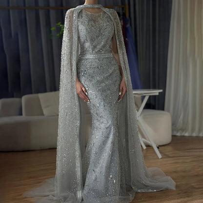 Luxury Gray Arabic Mermaid Evening Dress with Cape LA72180