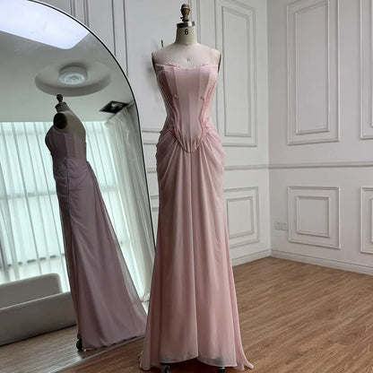 Pink Strapless Draped Satin Evening Dress with Rose Neck LA72946