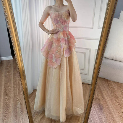 Luxury Peach Floral Appliqué A-Line Sparkly Evening Dress LA73185