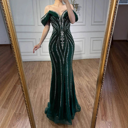 Luxury Gold Crystal Beaded Mermaid Evening Dress LA73142