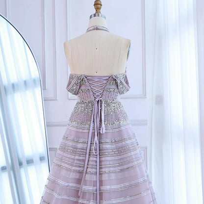Luxury Pink Off Shoulder A-Line Beaded Evening Dress LA73079