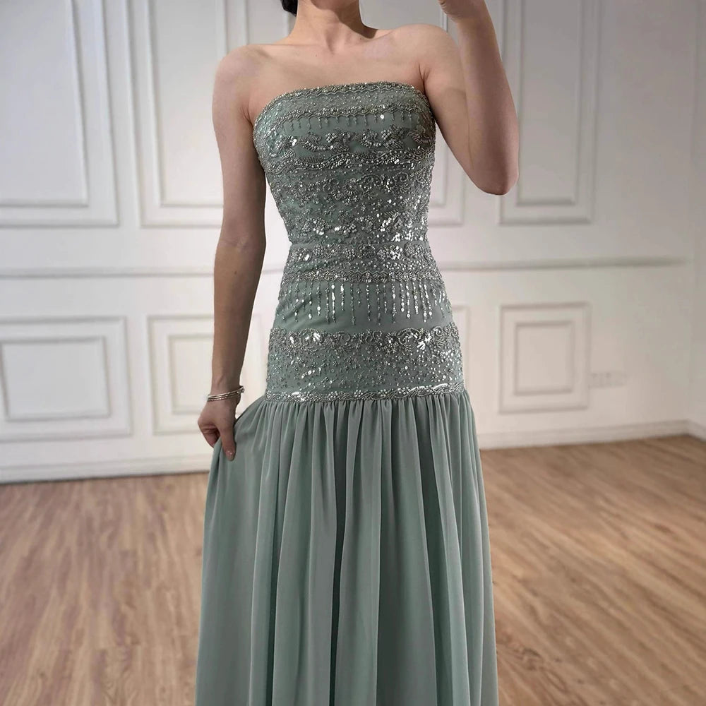 Luxury Sage Green A-Line Evening Dress with Cape LA73044A