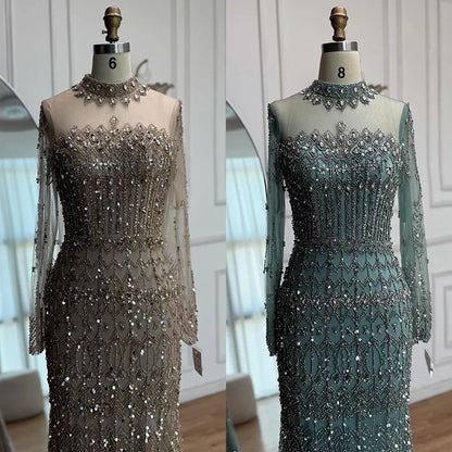 Luxury Arabic Turquoise Beaded Mermaid Evening Dress Long Sleeve LA72714C