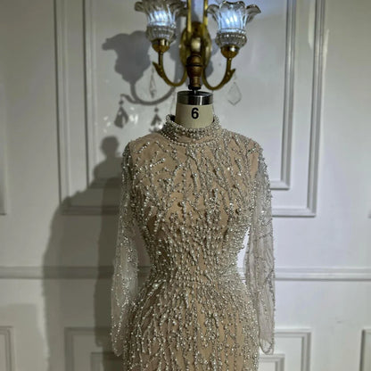 Luxury Dubai  Saudi Arabic Luxury Pearls Beaded Nude Mermaid Evening Gown for Formal Occasion LA72345A