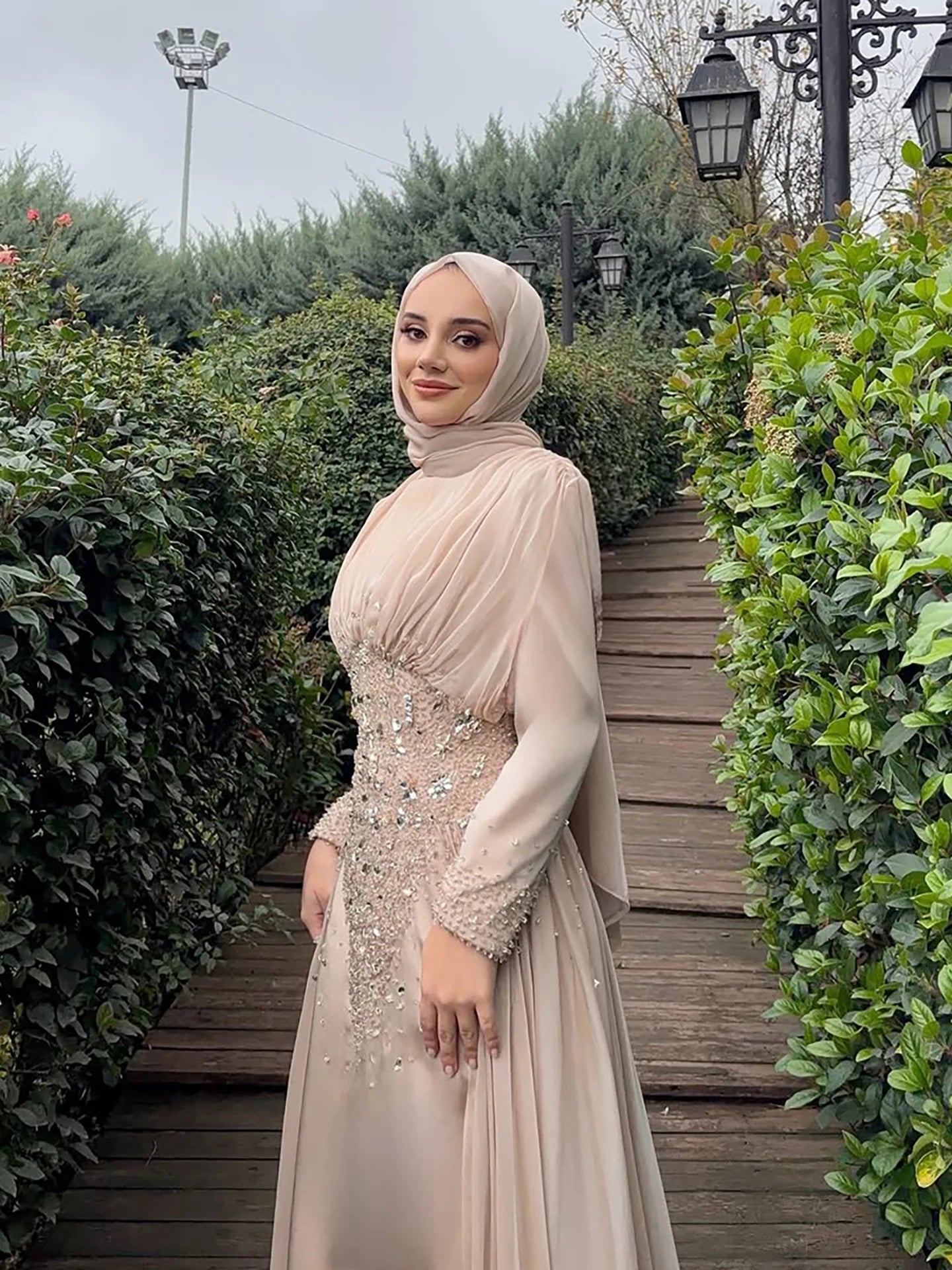 Luxury Caramel Crystal Beaded Mermaid Muslim Evening Dress LA73427