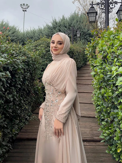 Luxury Caramel Crystal Beaded Mermaid Muslim Evening Dress LA73427