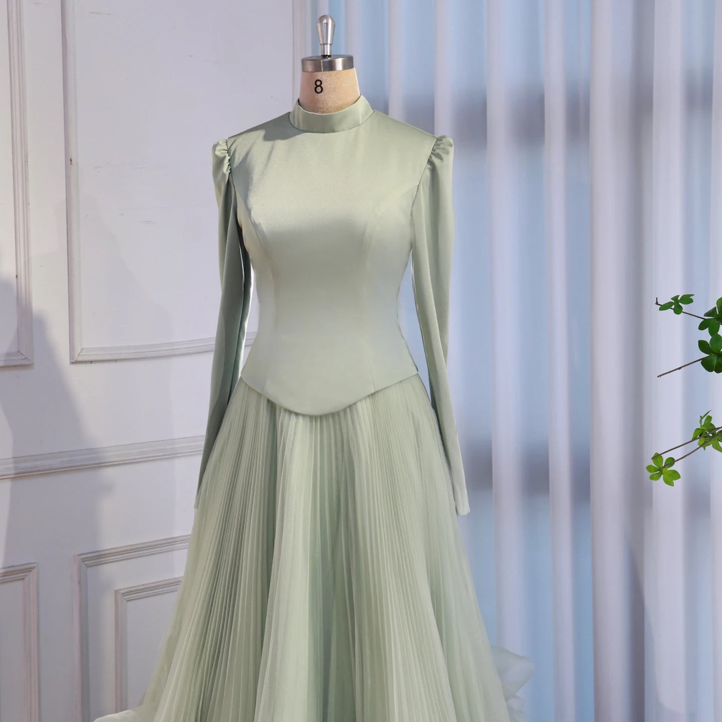 Luxury Sage Green Modest Muslim 3D Flower A-Line Evening Dress LA72913B