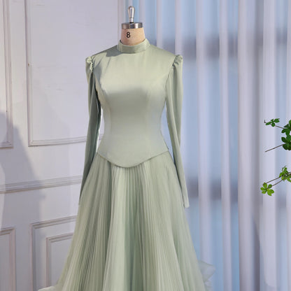 Luxury Sage Green Modest Muslim 3D Flower A-Line Evening Dress LA72913B