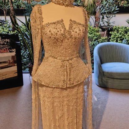 Luxury Silver Dubai Crystal Beaded Evening Dress with Cape LA73274