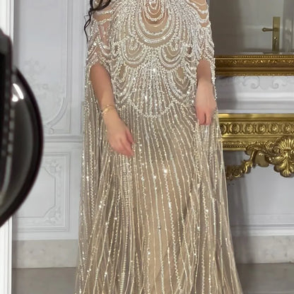 Luxury Silver Nude Beaded Mermaid Evening Dress with Cape LA72484A