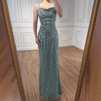 Luxury Arabic Blue Spaghetti Strap Mermaid Evening Dress Beaded LA72725