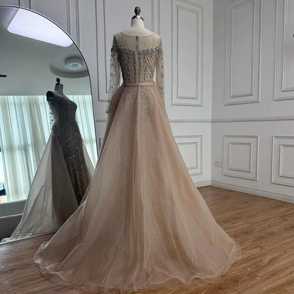 Luxury Off Shoulder Beaded Evening Dress with Long Sleeves and Train LA72930
