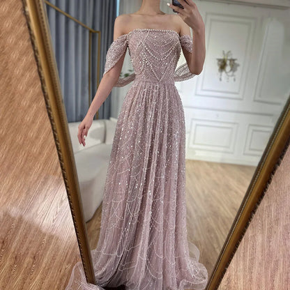 Luxury Beaded Champagne Off-Shoulder Evening Dress LA72738