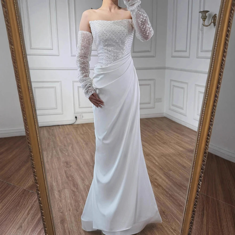 White   Beaded Evening Dress with Detachable Sleeves LA72293A
