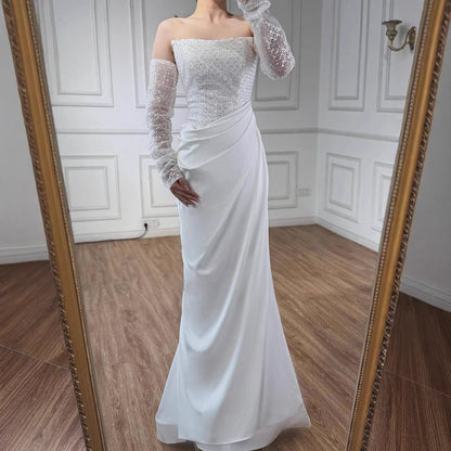 White   Beaded Evening Dress with Detachable Sleeves LA72293A