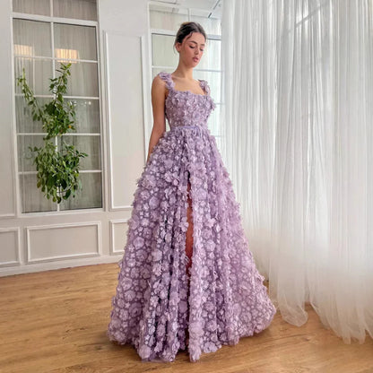 Luxury Lilac 3D Floral Embroidered Split Evening Dress LA72959