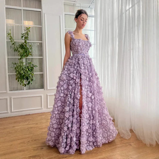 Luxury Lilac 3D Floral Embroidered Split Evening Dress LA72959