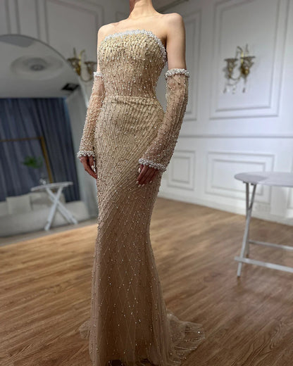 Dubai Elegant White Nude Beaded Evening Dress with Gloves LA72649