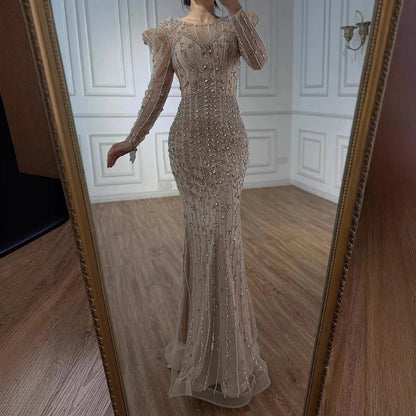 Luxury Dubai Pink Elegant Pearls Beaded Mermaid Evening Dress LA72826