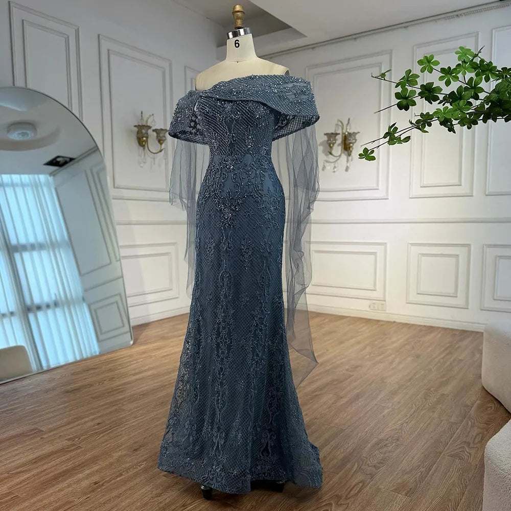 Luxury Blue Lace Off Shoulder Evening Dress for Women LA73125